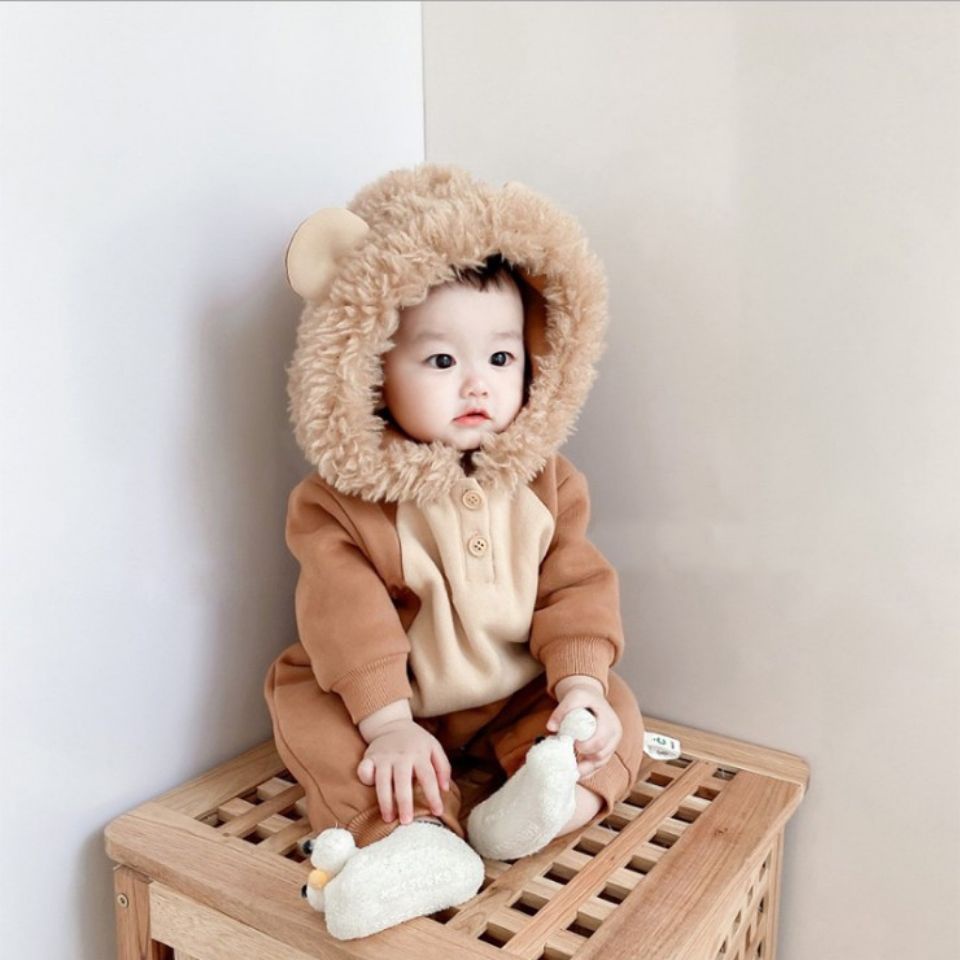 Bộ Áo Liền Quần Thu Đông Dày Dặn In Hình Sư Tử Nhỏ Dễ Thương Cho Bé Sơ Sinh