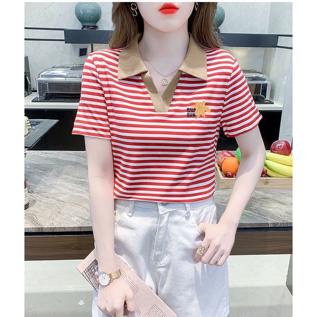 Áo Thun Polo Ngắn Tay Họa Tiết Kẻ Sọc Màu Tương Phản Thời Trang Cho Nữ