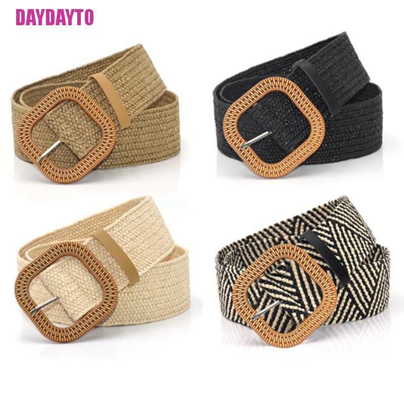 Thắt Lưng Rơm Đan Co Giãn Phối Khóa Vuông Phong Cách Boho Cổ Điển Thời Trang Mùa Hè Cho Nữ