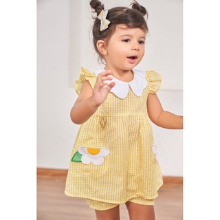Set bộ bé gái kẻ caro vàng cổ sen trắng