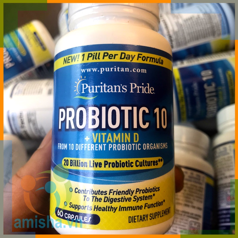 Viên Uống Lợi Khuẩn, Đại Tràng, Dạ Dày Probiotic 10 Puritan's Pride 60 viên (Mẫu Mới chứa Vitamin D)