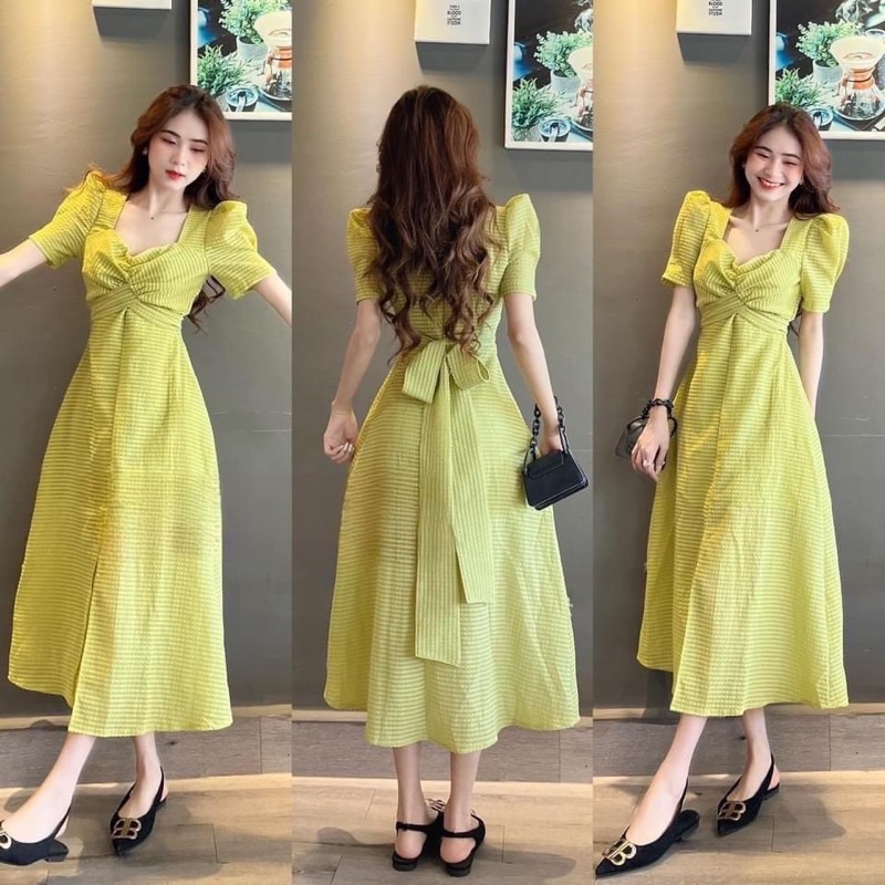 ĐẦM THẮT NƠ ĐAI EO XANH BƠ