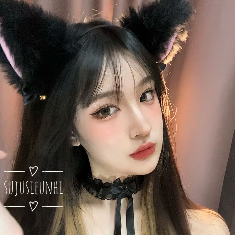 (Đủ màu) CÓ VIDEO- Bờm tóc / băng đô, 1 đôi kẹp tóc tai mèo đính nơ chuông cosplay mèo neko