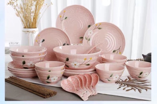 Set 31 món chén bát gốm hồng đào phong cách Nhật Bản