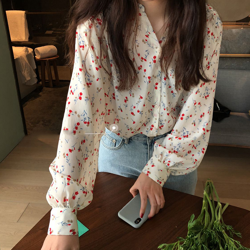Áo Sơ Mi Chiffon Tay Dài Cổ Chữ v In Họa Tiết Hoa Phong Cách Hàn Quốc Ngọt Ngào Thời Trang Mùa Thu Cho Nữ