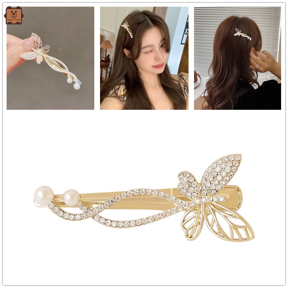 Kẹp tóc hình bướm đính ngọc trai đơn giản phong cách Hàn Quốc cho nữ