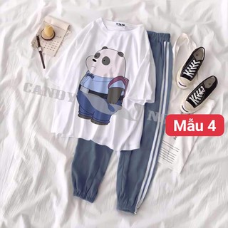  Sét bộ áo thun hoạt hình 4 mẫu cute kèm quần bo sọc xám