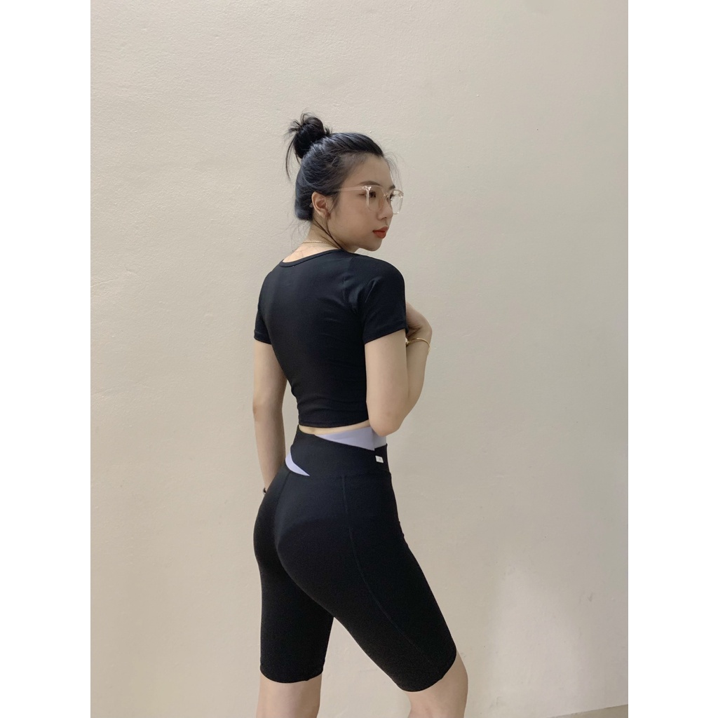 Bộ quần áo tập gym nữ phối 2 màu, đồ thể thao yoga, erobic nữ áo có tay kèm mút đệm ngực )
