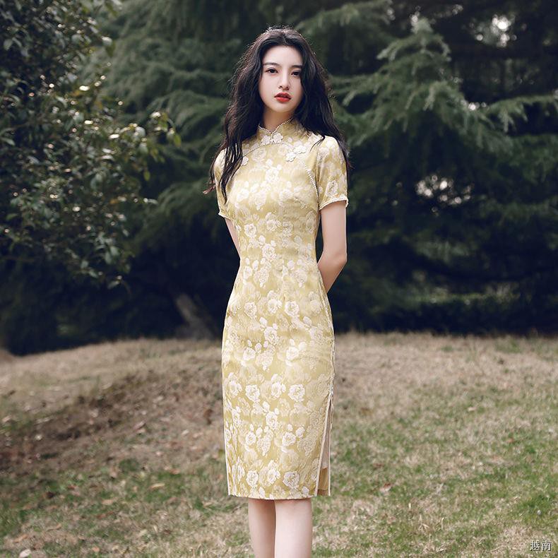 ☬❣✥Sườn xám mùa hè mới ngắn tay phong cách Trung Quốc cổ điển tính khí cải tiến cô gái trẻ váy dài