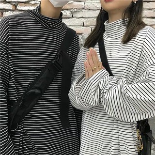 [VIDEO SP]Áo thun cổ lọ ống rộng kẻ sọc ullzang dài tay, áo sweater unisex dài tay nam nữ thời trang
