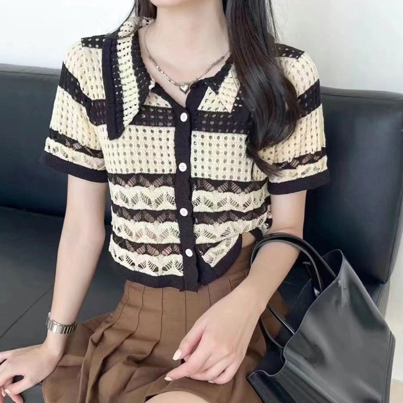 Áo Cardigan Dệt Kim Tay Ngắn Kẻ Sọc Màu Sắc Tương Phản Kiểu Hàn Quốc Thời Trang Mùa Hè Cho Nữ