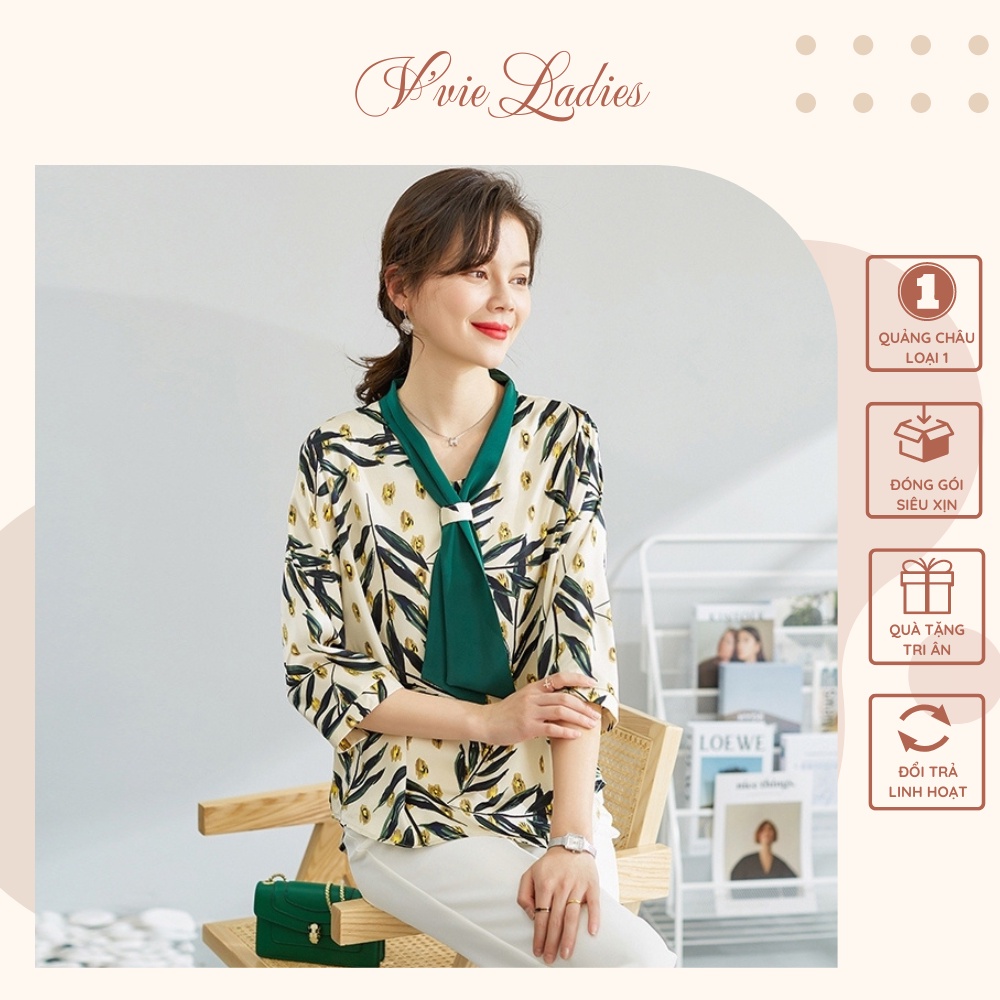 Áo voan nữ trung niên cổ nơ, tay lỡ kiểu đẹp sang trọng-Thời trang trung niên nữ cao cấp V'vie Ladies