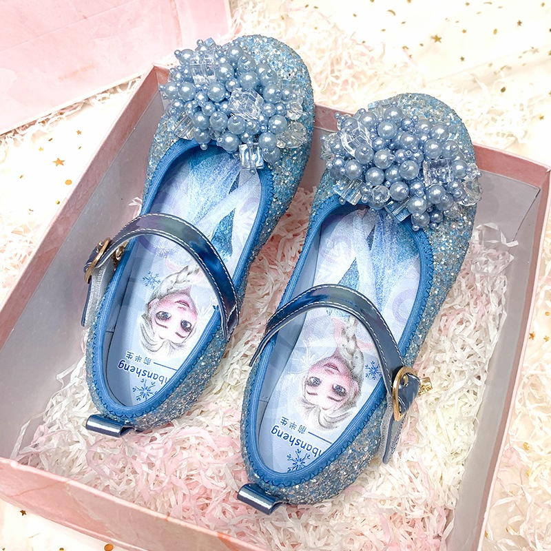Giày da cao gót đế mềm đính pha lê in hình công chúa Elsa Disney cho bé gái