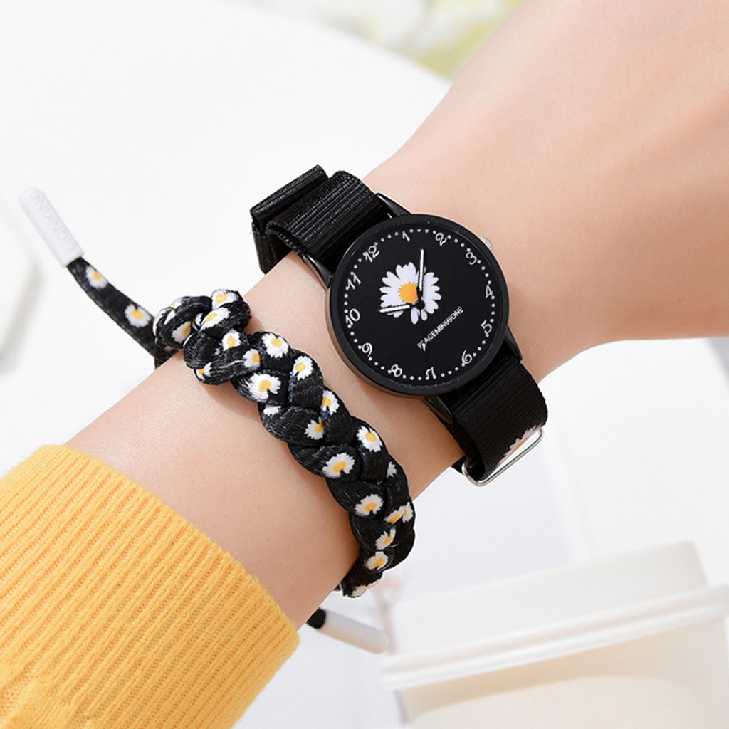 Đồng hồ đeo tay vải canvas nylon chống thấm nước họa tiết hoa cúc nhỏ thời trang dành cho nữ