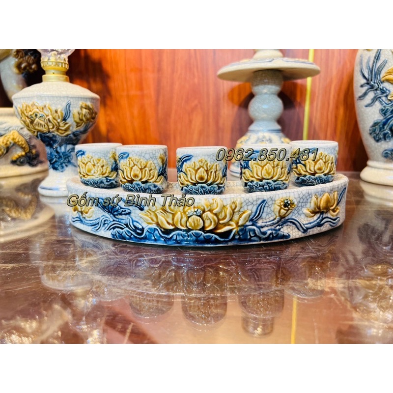 Chum nước-rượu, kỷ nước-rượu hoa sen men rạn đắp nổi - chuẩn Bát Tràng