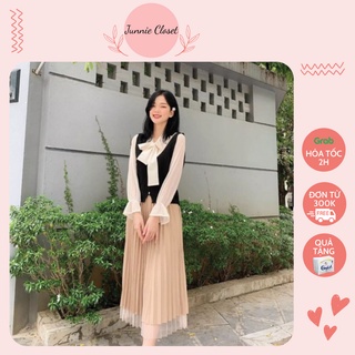 Chân váy xếp ly phối voan 2 lớp mặc được 2 kiểu Junnie Closet CV midi voan silk cát