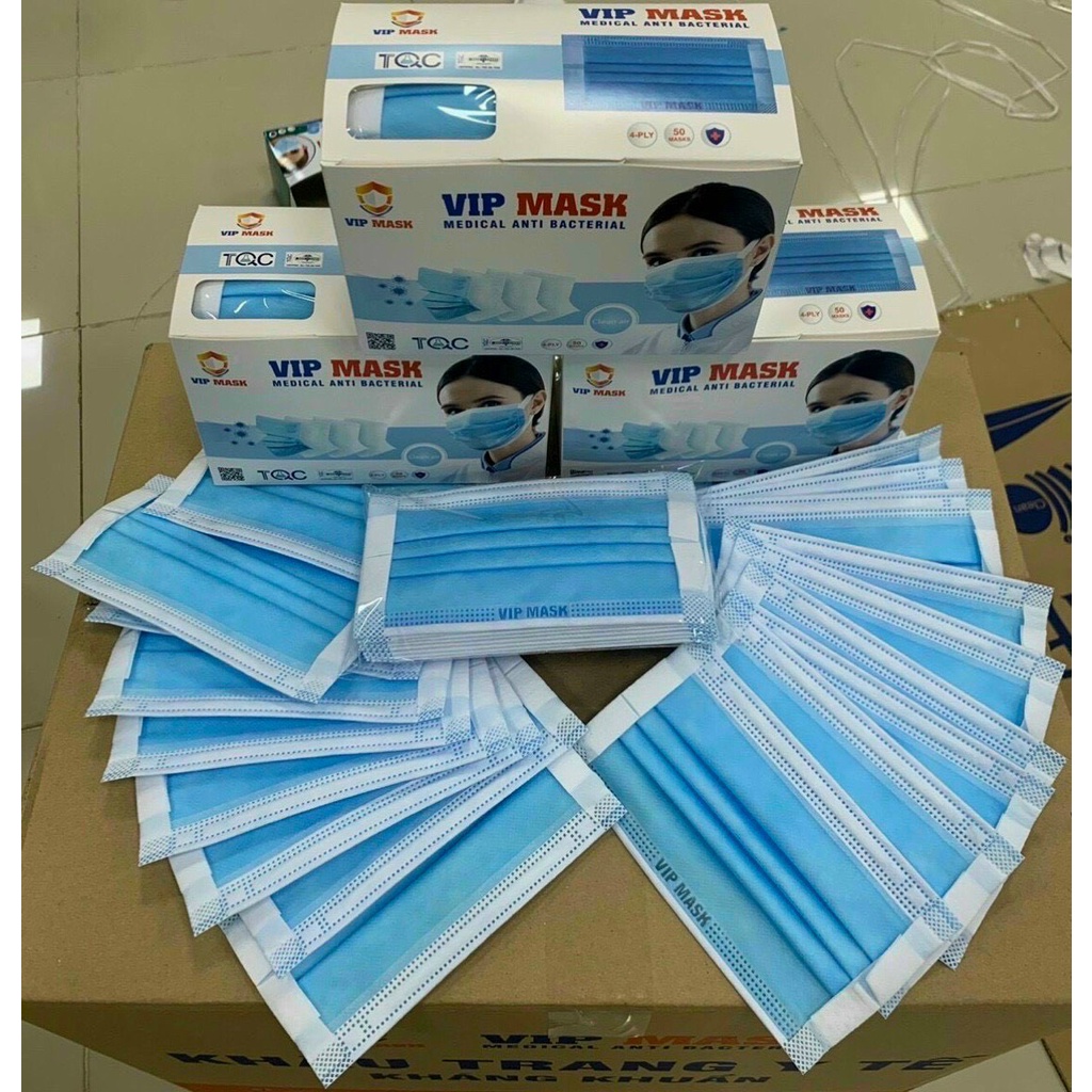 Một thùng 50 hộp khẩu trang y tế 4 lớp màu xanh an toàn chất lượng VIP MASK (2500 cái)