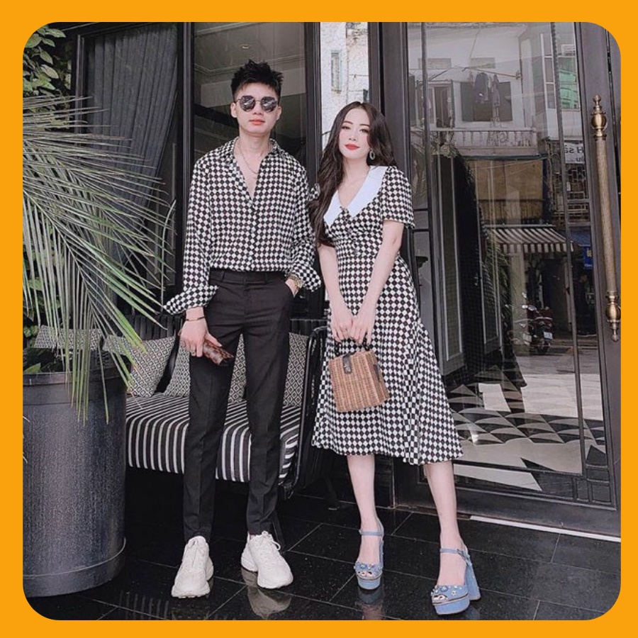 Đồ đôi nam nữ đẹp Set áo váy sơ mi Hàn Quốc dáng dài COUPLE STORE