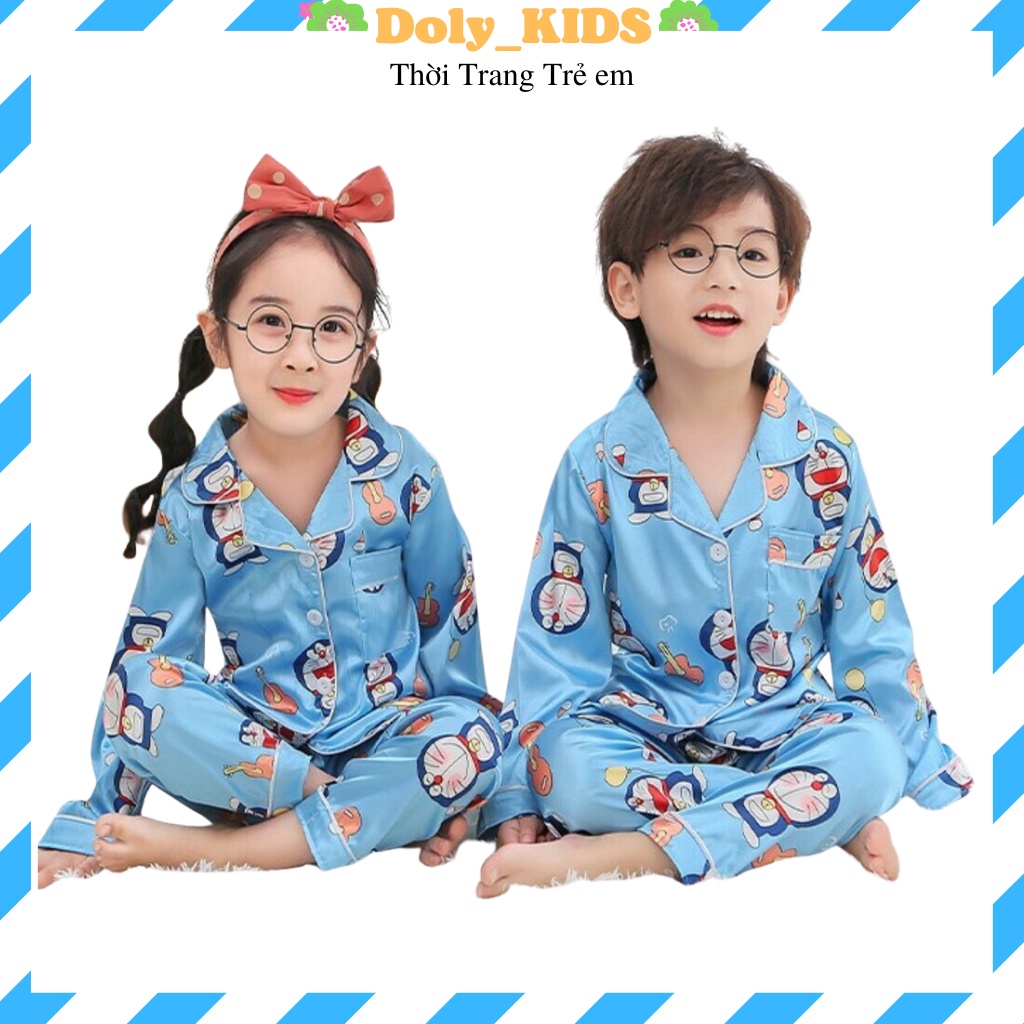Bộ Pijama Cho Bé Trai Bé Gái DOLY KIDS, Đồ bộ ngủ cho bé trai bé gái chất phi lụa in hình Doraemon và pikachu cho bé28kg