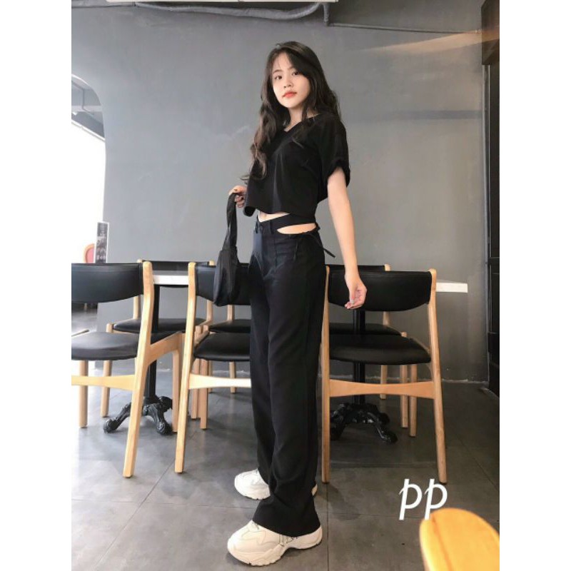 Quần ống rộng đen khoét eo | BigBuy360 - bigbuy360.vn