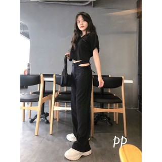 Quần ống rộng đen khoét eo