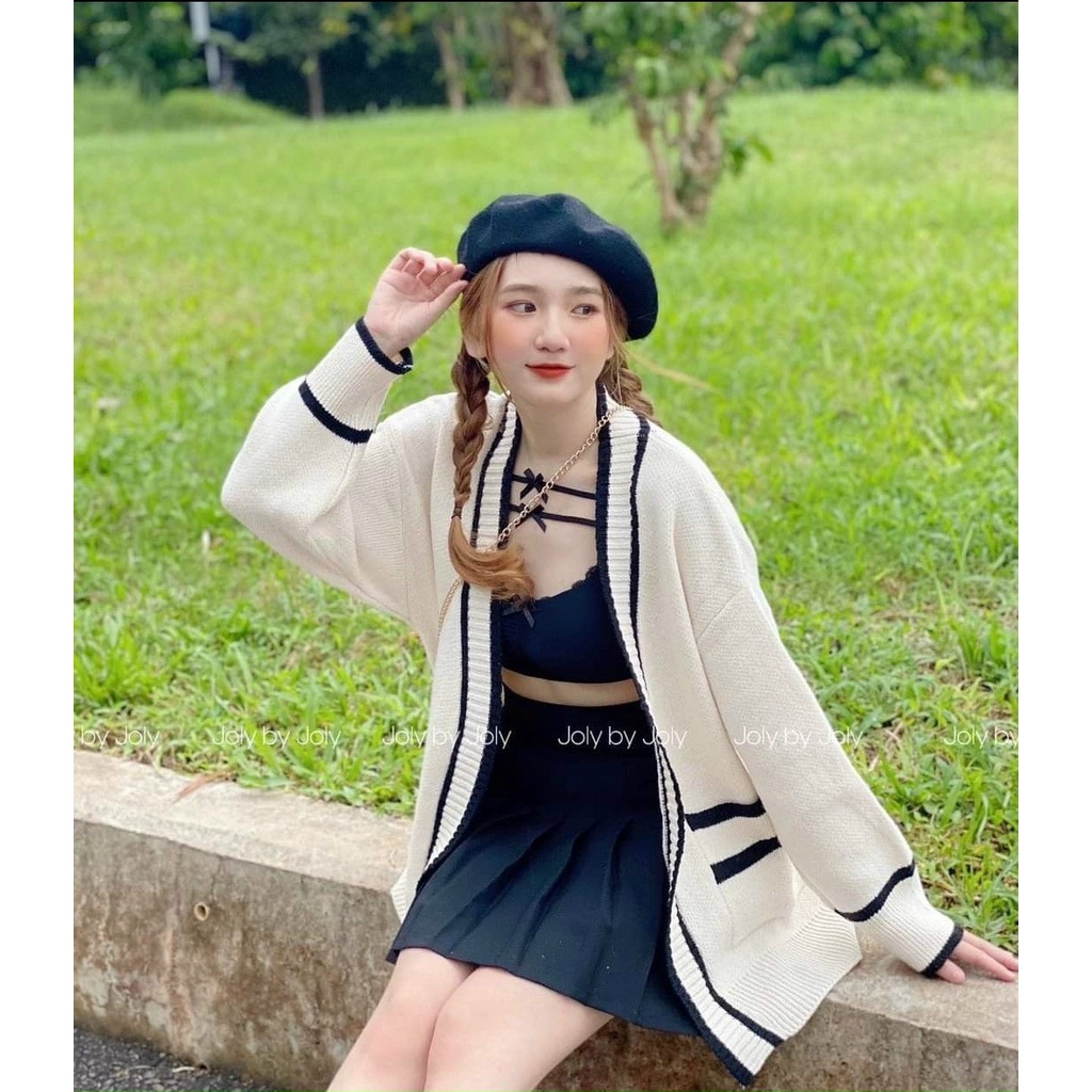 Áo khoác cardigan len kẻ viền hàng Quảng Châu, áo khoác cardigan không nút