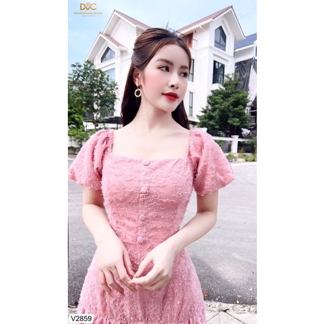 V2859 váy xoè ren lông màu hồng