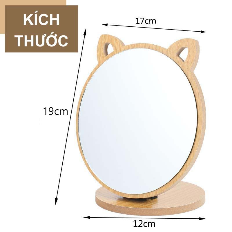 Gương trang điểm để bàn gỗ, Gương Gỗ Tai Mèo phong cách Hàn Quốc Moda.H