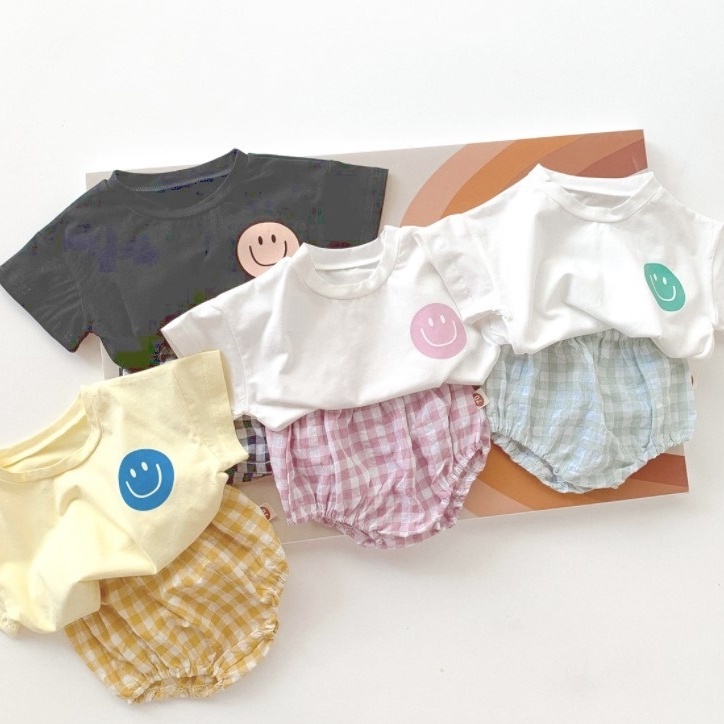 Áo thun tay ngắn in hình mặt cười và quần short thời trang mùa hè cho bé 0-3 tuổi