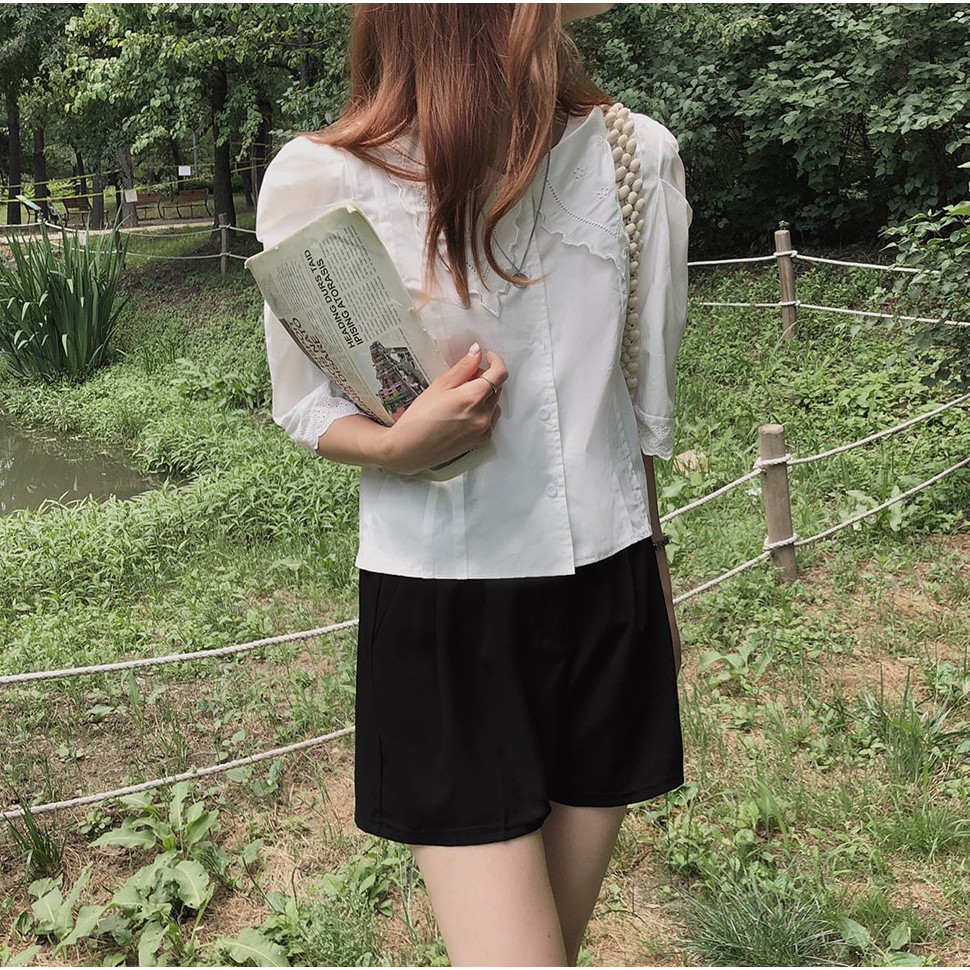 Áo kiểu Peppermint 36062 tay ngắn cổ búp bê phối màu xinh xắn dành cho nữ tùy chọn màu sắc