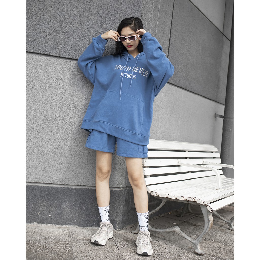 Áo Hoodie Youth Never Returns - Phía Trước Thêu Chữ Tỉ Mỉ - Chất Vải Nỉ Da Cá - Form Oversized Rộng Thoải Mái - Màu Xanh