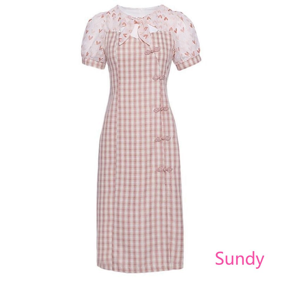 Đầm Tay Ngắn Cổ Chữ V Họa Tiết Sọc Caro Phong Cách Retro | BigBuy360 - bigbuy360.vn