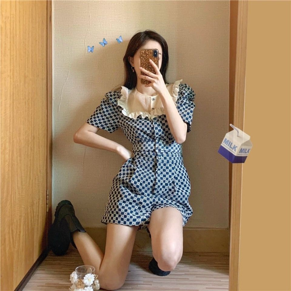 Jumpsuit Ngắn Họa Tiết Sọc Caro Phong Cách Retro Pháp Thời Trang Mùa Hè Cho Nữ