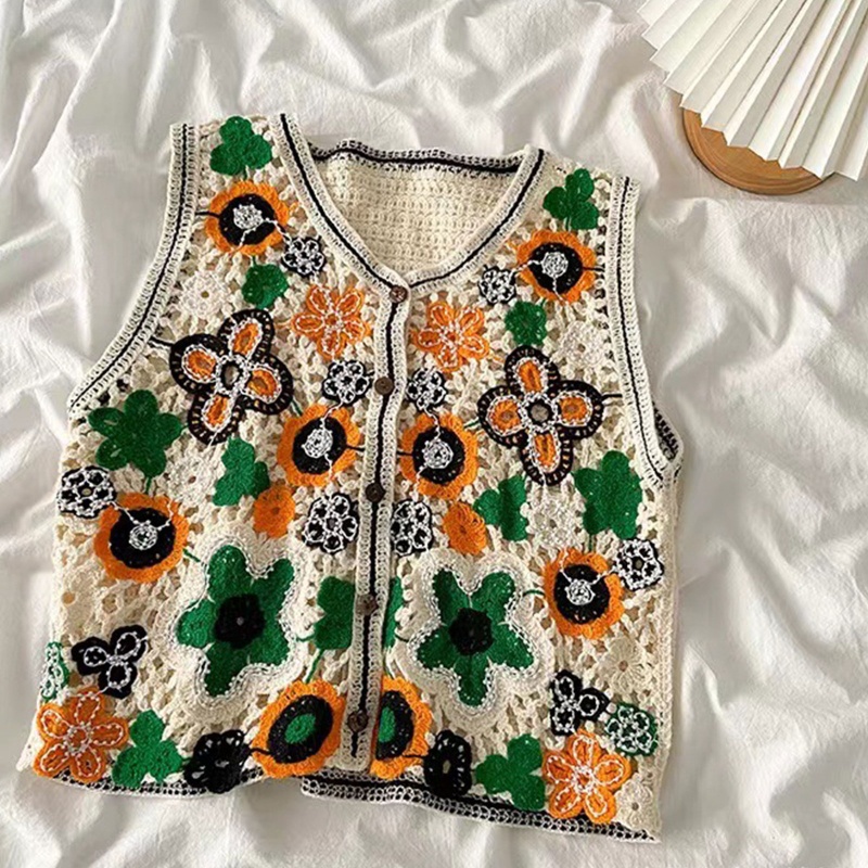 Áo Khoác Cardigan Dệt Kim Không Tay Thêu Hoa Nhiều Màu Sắc Phong Cách Vintage Dành Cho Nữ