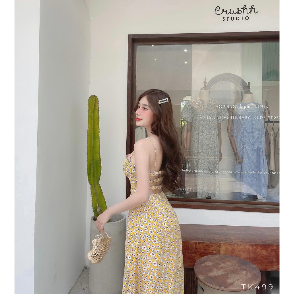 [HÀNG THIẾT KẾ CAO CẤP] Đầm Maxi Hai Dây Xẻ Tà  Cut Out Lưng Hoa Nhí Đi Biển Màu Vàng