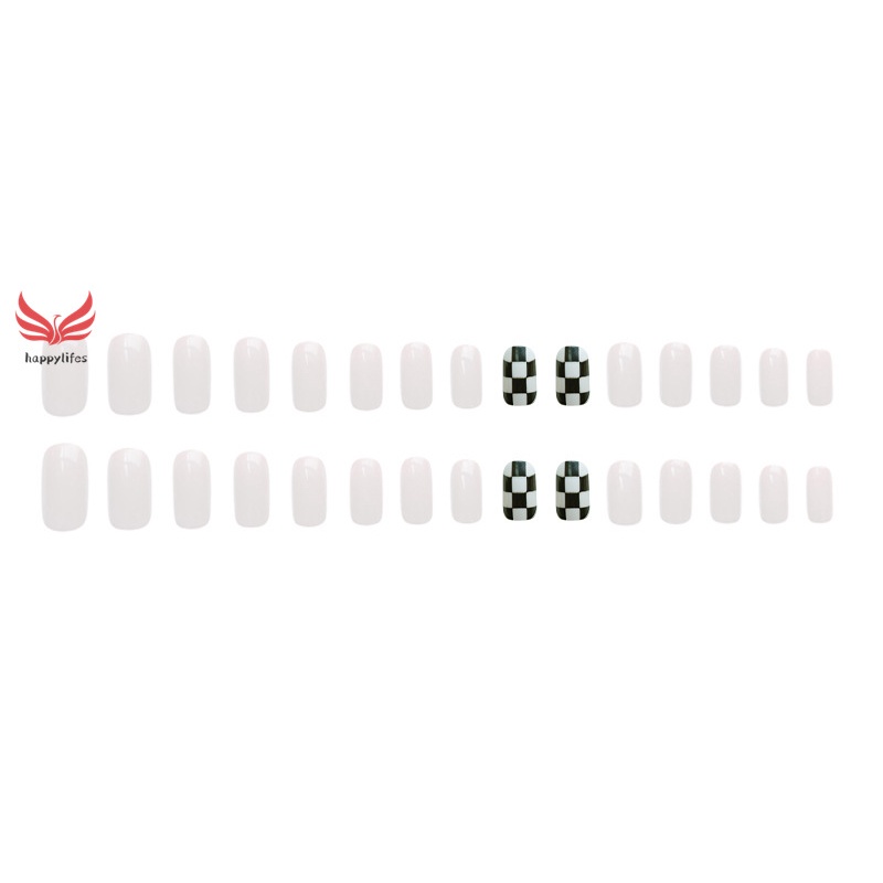 Bộ 24 Móng Tay Giả Màu Nâu Và Trắng Họa Tiết Kẻ Ô Trắng Đen
