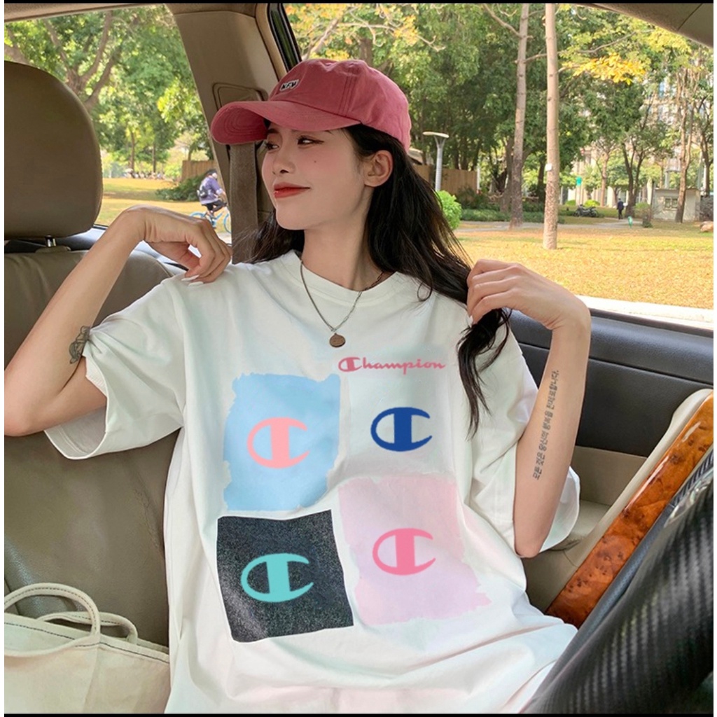 Áo thun CHAMPION 4 logo in tay thêu tay lỡ Unisex Tubee shop