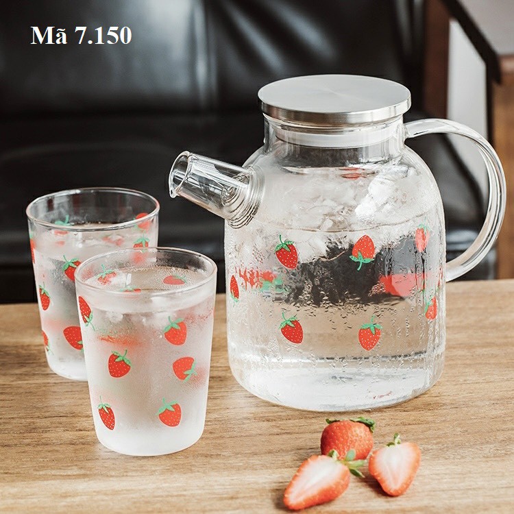 Bình thủy tinh chịu nhiệt họa tiết dâu tây đỏ, ly tách uống nước: 7.150