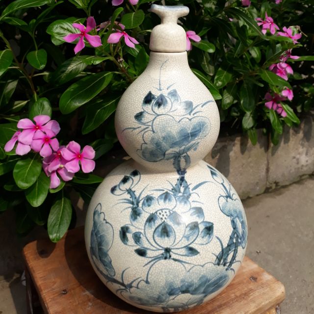 Hồ lô rượu 1,8 lit men rạn vẽ hoa sen