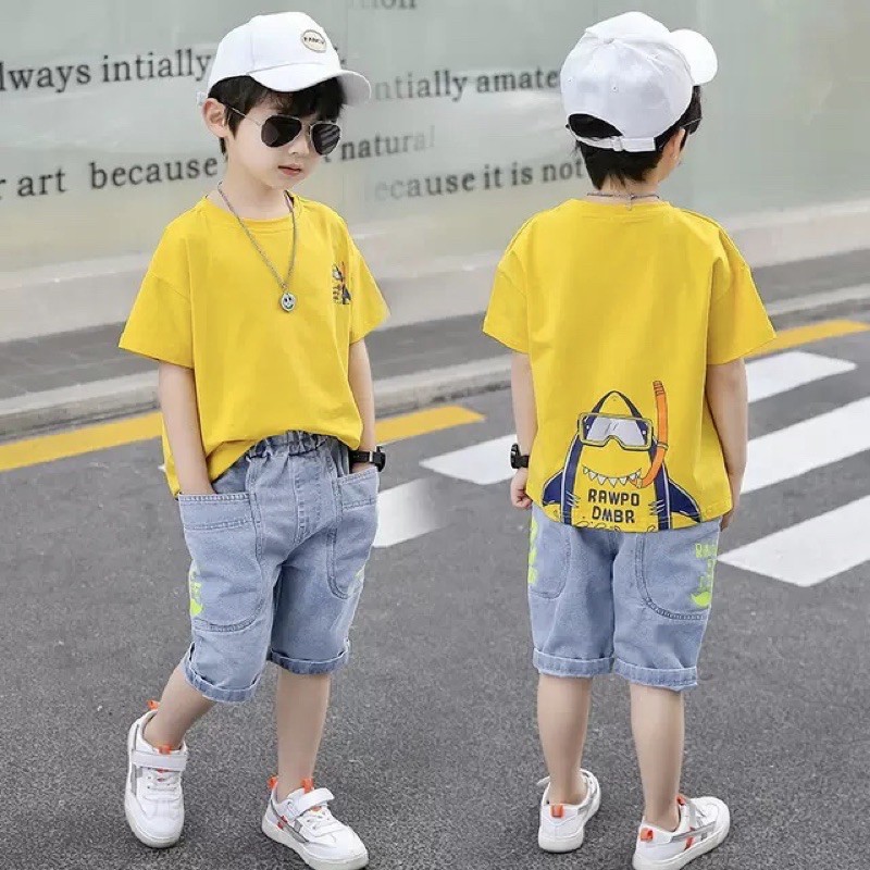 Bộ quần Jean mềm áo cotton cá mập Bé trai từ 9-21kg