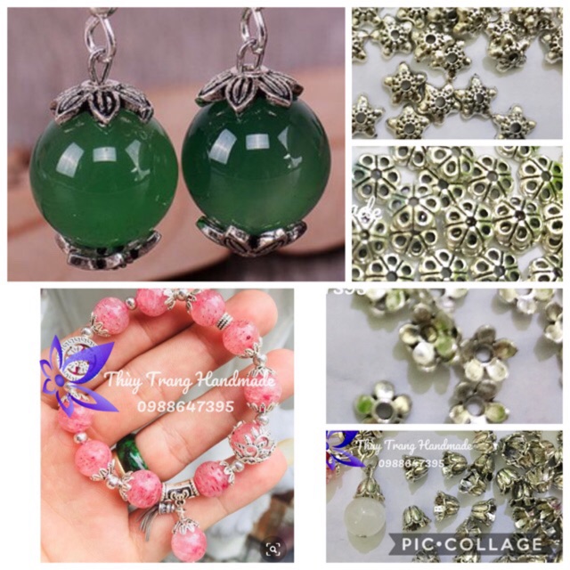 1 cặp (2 cái) charm bạc ốp hạt, mũ hoa, đế hoa trang trí hạt đá làm đồ trang sức handmade