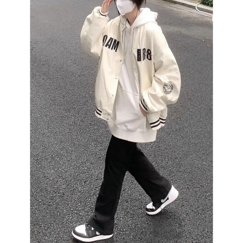 Khoác Bomber Phối Thân GAMIRO Kẻ Viền Nam Nữ Unisex Dáng Rộng Tay Bồng Cúc Bấm