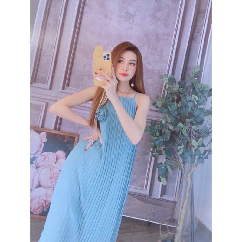 [Hàng đẹp] Đầm dập ly suông cổ yếm đính hoa ngực siêu xinh-hình thật đủ màu. alohashop91