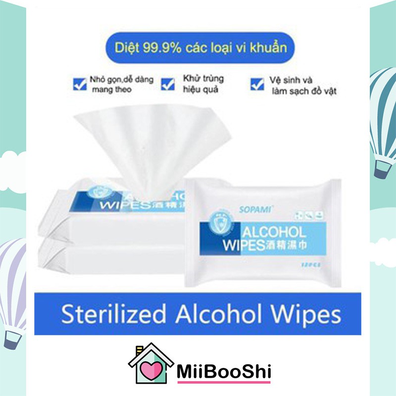 Khăn giấy ướt mini bỏ túi có cồn diệt khuẩn tẩy trang Alcohol Wipes khăn ướt đa năng kháng khuẩn MiibooShi SB1741