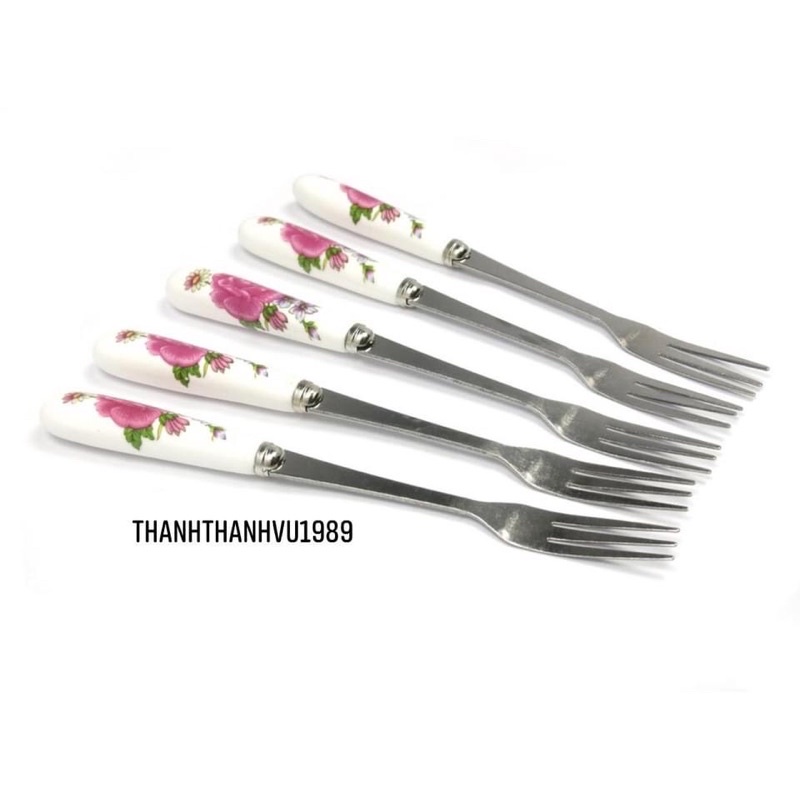 Thìa/dĩa (nĩa) inox cán sứ in hoa, dĩa ăn hoa quả nhà bếp