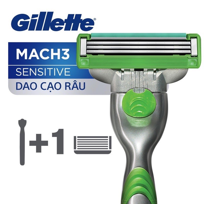 Dao Cạo Râu Gillette Mach 3 Sensitive 1up (Cán Dao + Lưỡi Dao) - Mach3 3 lưỡi cao cấp