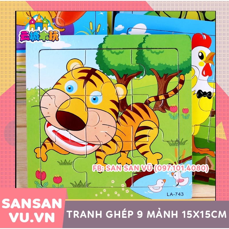 Tranh ghép hình 9 miếng loại lớn 15x15cm in hình ngộ nghĩnh bằng gỗ cho bé, đồ chơi xếp hình 9 miếng