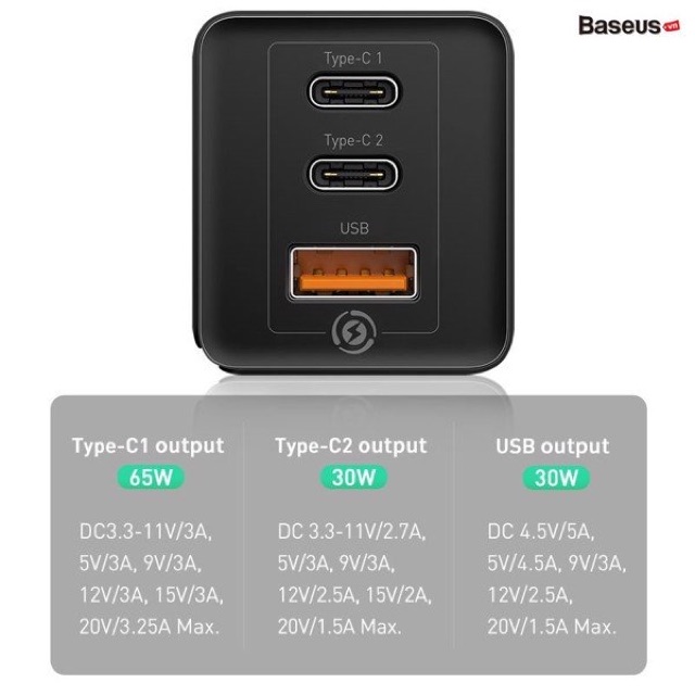 Bộ sạc nhanh đa năng thế hệ mới Baseus GaN Travel Quick Charger 65W cho Smartphone/ Tablet/ iPad/ Macbook/ Laptop