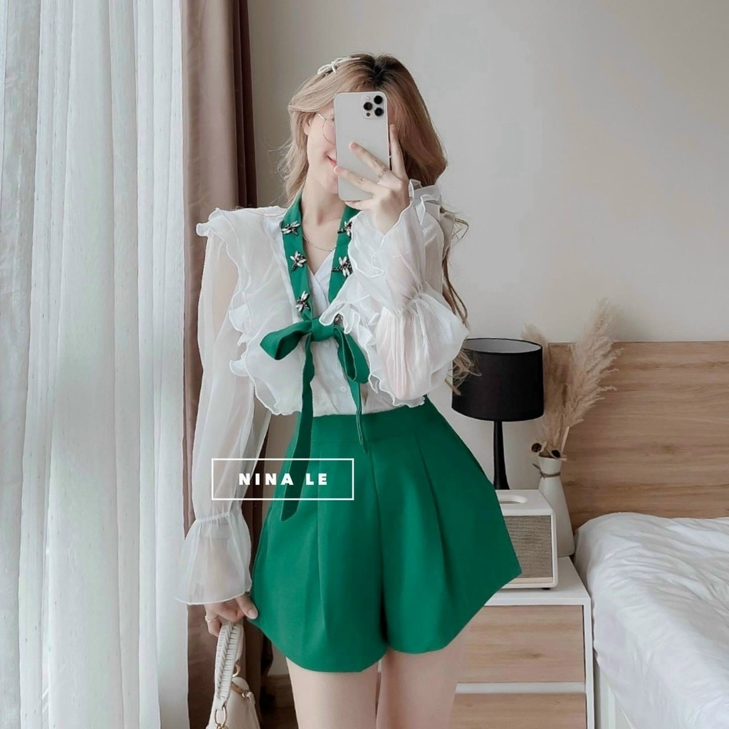 Set bộ đồ nữ áo kiểu tay dài bèo vai phối quần short đùi tinh tế sang chảnh thiết kế dự tiệc dạo phố XM MINH PHÚC