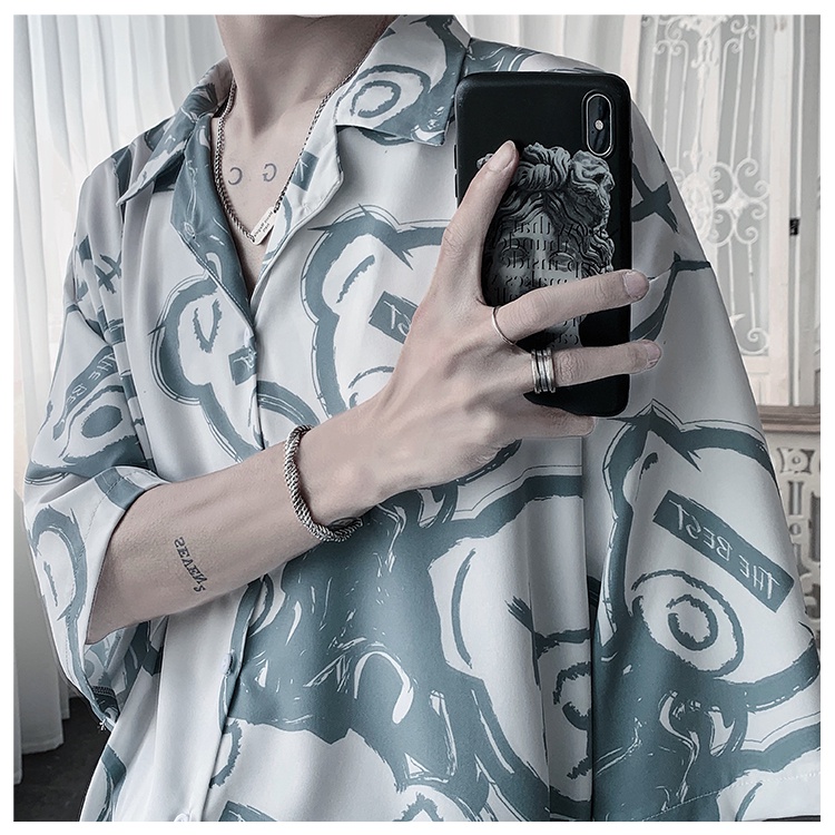 Áo Sơ Mi Cotton Tay Ngắn Dáng Rộng In Hình Gấu Thời Trang Phong Cách Hip Hop Hàn Quốc Cho Nam Size M-3Xl 3 Màu Tùy Chọn | BigBuy360 - bigbuy360.vn